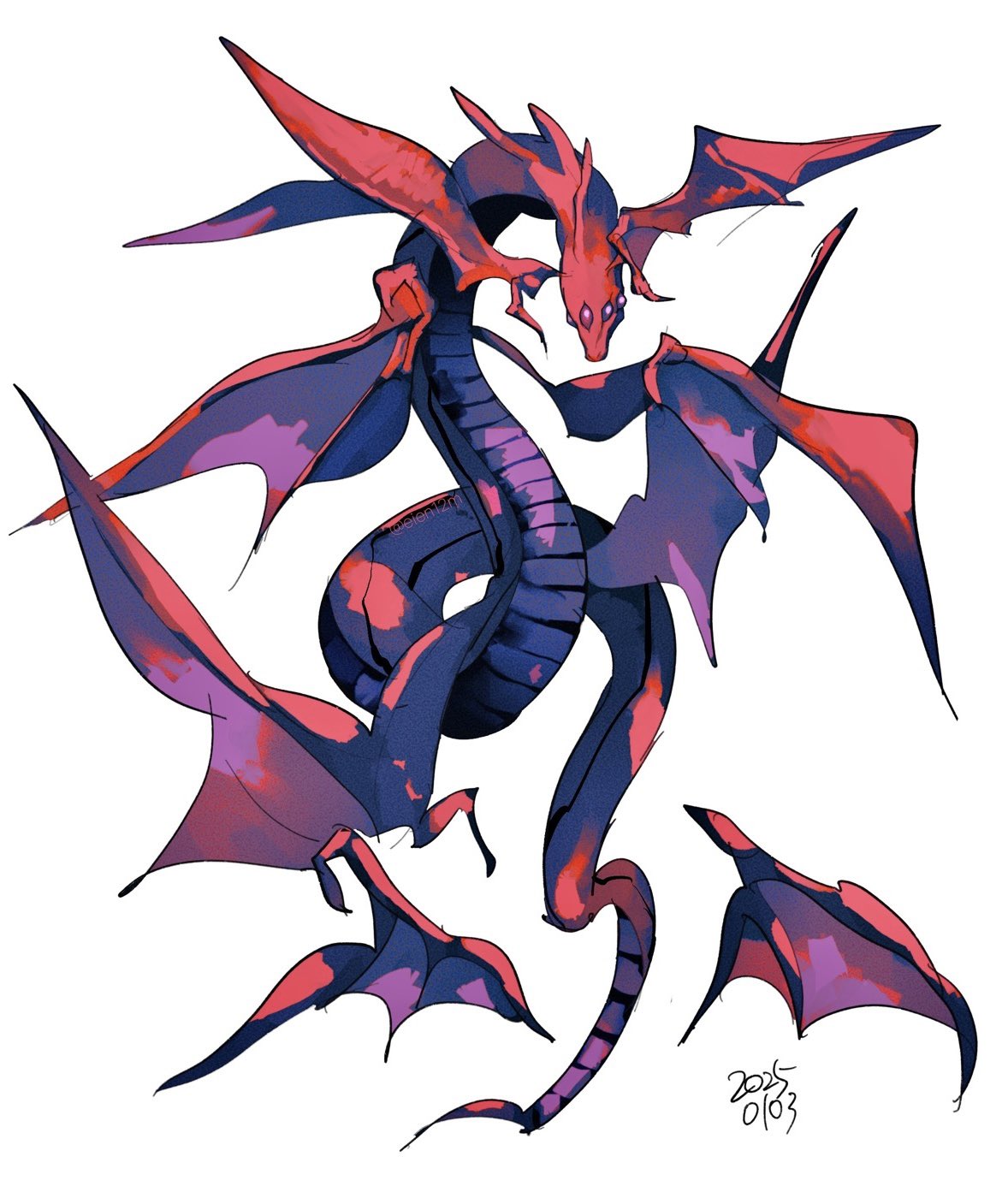 colored_skin, detached_wings, dragon, eien12m, extra_eyes, floating, highres, multiple_wings