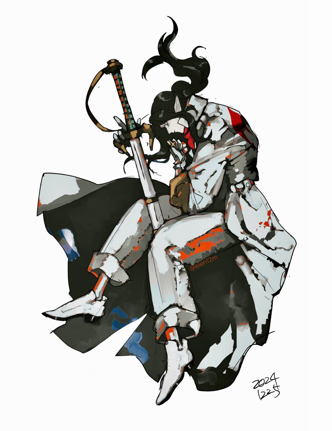 1boy, black_hair, blue_eyes, coat, eien12m, full_body, highres, kresnik_(megami_tensei)