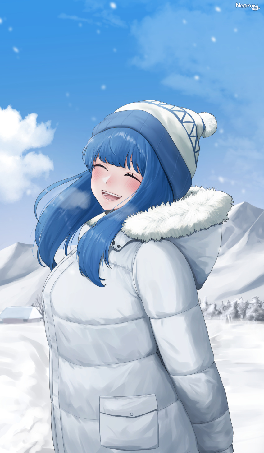 1girl, :d, beanie, blue_hair, blue_sky, blush, breath, closed_eyes