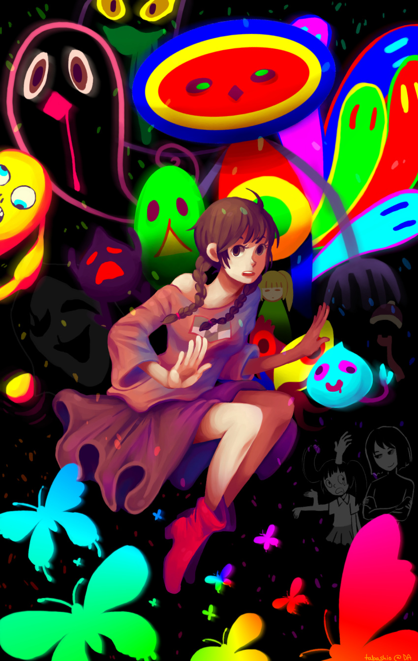 artist_request, black_hair, blonde_hair, braid, brown_eyes, brown_hair, butterfly, extra_arms, highres, madotsuki, monoko, poniko, sekomumasada_sensei, sweater, tabashio, tears, twin_braids, twintails, yume_nikki