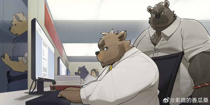 1girl, 4boys, absurdres, animal_ears, baddy_(furrybar), bear_boy, bear_ears, beard