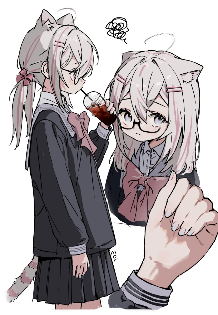 1girl, absurdres, ahoge, animal_ears, black_skirt, blue_eyes, bow, bowtie