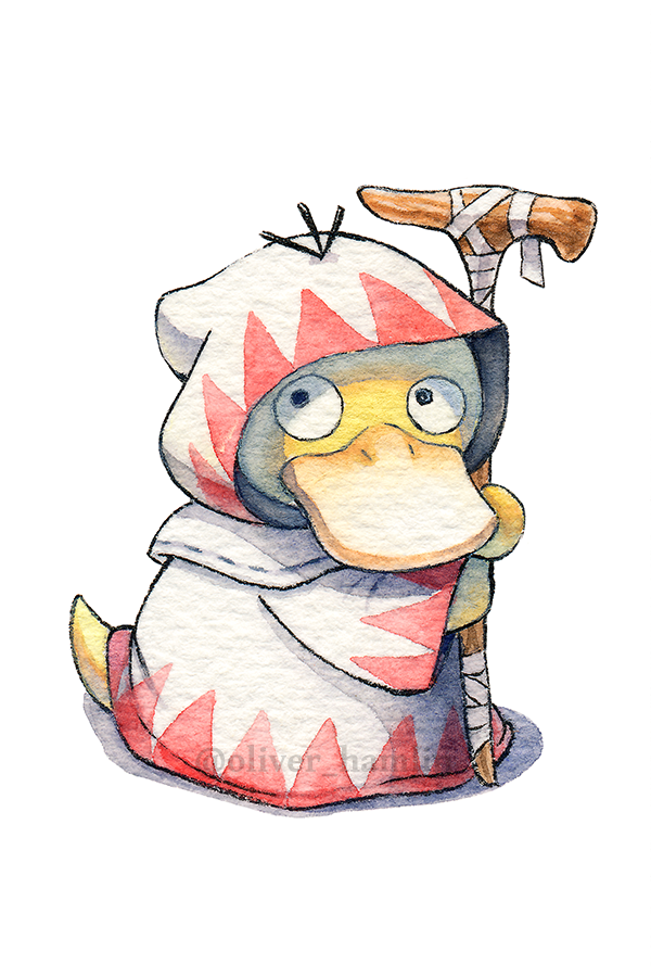 animal_focus, artist_name, colored_skin, commentary, cosplay, english_commentary, final_fantasy, final_fantasy_i, holding, holding_staff, hooded_robe, no_humans, oliver_hamlin, pokemon, pokemon_(creature), psyduck, robe, simple_background, staff, twitter_username, watermark, white_background, white_mage_(final_fantasy), white_mage_(final_fantasy)_(cosplay), white_robe, yellow_skin