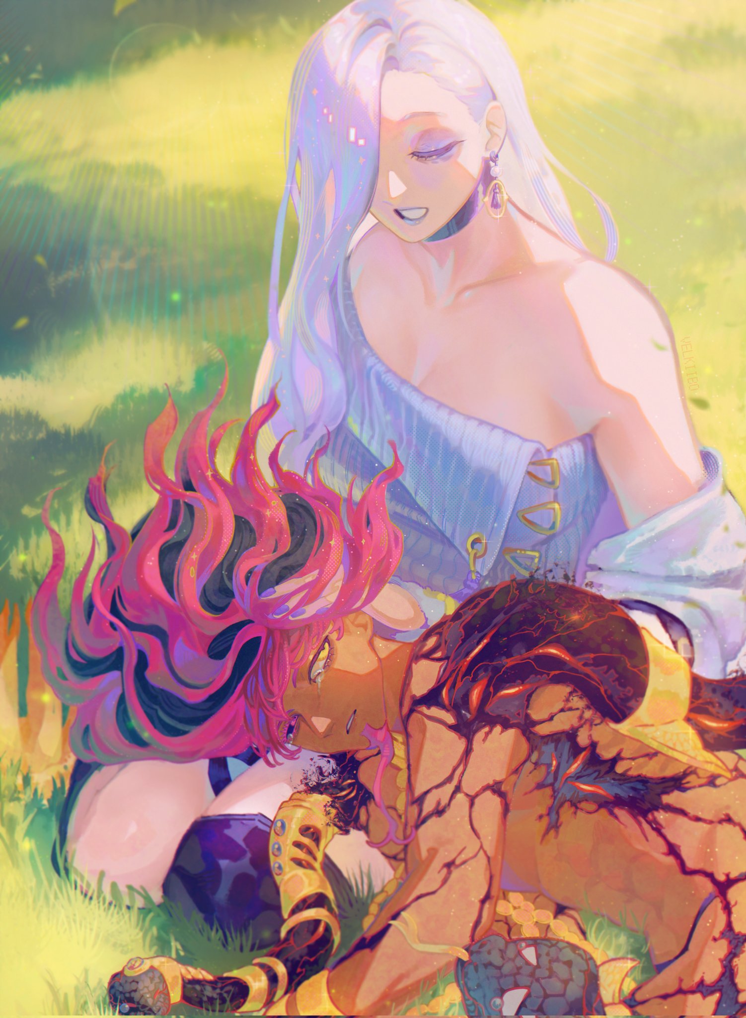 1boy, 1girl, breasts, crying, crying_with_eyes_open, earrings, facial_hair, fate/grand_order, fate_(series), goatee, grass, hair_over_one_eye, highres, jewelry, lap_pillow, large_breasts, lens_flare, long_hair, mrs._snake_(fate), purple_hair, scar, snake, tears, velkiibo, white_hair, zahhak_(fate)
