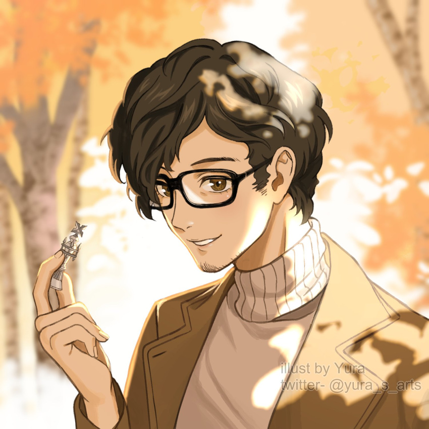 1boy, artist_name, black-framed_eyewear, blurry, blurry_background, brown_coat, brown_eyes, brown_hair