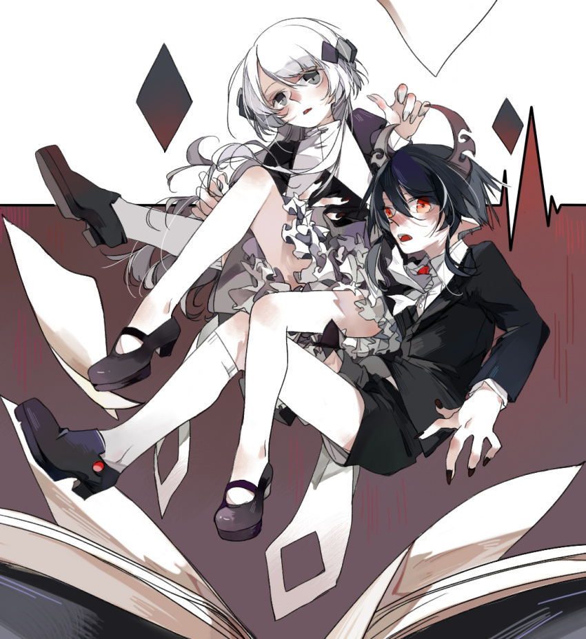 1boy, 1girl, black_dress, black_hair, child, demon, demon_horns, diamond_(gemstone)