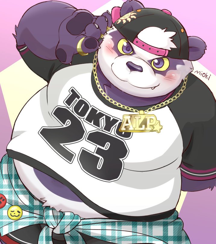 1boy, alp_(housamo), animal_ears, arm_behind_back, artist_name, baseball_cap, belly, black_hat, character_name, claws, closed_mouth, clothes_around_waist, commentary_request, fang, fang_out, fat, furry, furry_male, gold_necklace, hat, jacket, jacket_around_waist, jewelry, looking_at_viewer, male_focus, midriff_peek, mioki, mixed-language_commentary, multicolored_fur, necklace, panda_boy, panda_ears, pawpads, plump, purple_fur, ring, shirt, smile, tokyo_afterschool_summoners, white_fur, white_shirt