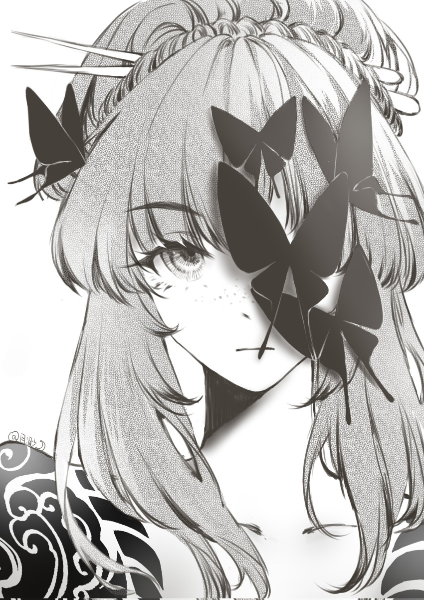 1girl, closed_mouth, cloud_tattoo, collarbone, expressionless, freckles, greyscale, hair_bun