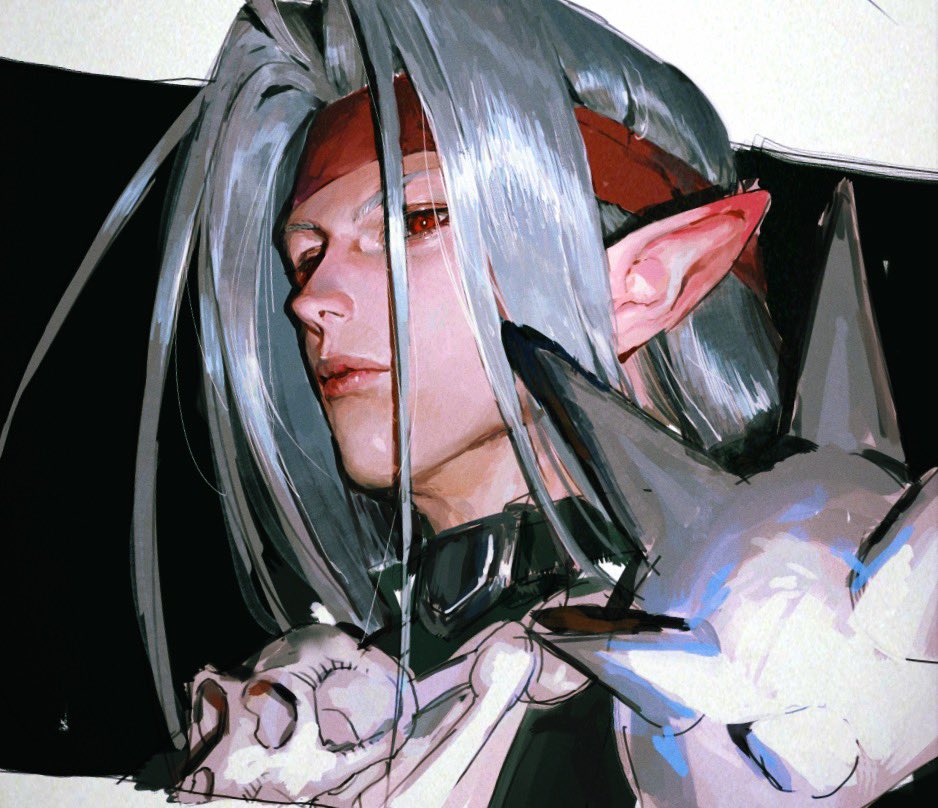 1boy, armor, black_background, dragon_quest, dragon_quest_iv, grey_hair, hdw91v, headband, jewelry, long_hair, looking_to_the_side, male_focus, necklace, pisaro, pointy_ears, portrait, realistic, red_eyes, red_headband, simple_background, skull_necklace, spiked_pauldrons