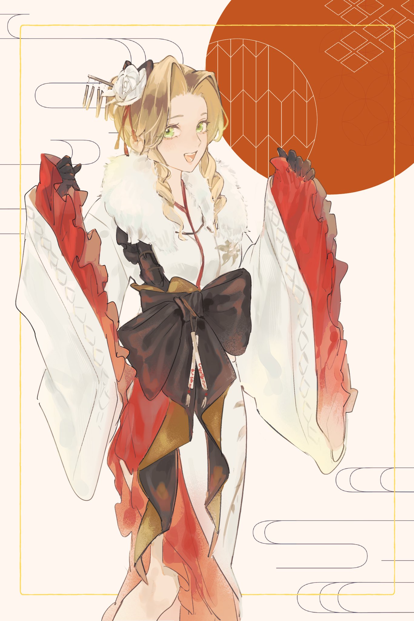 1girl, aerith_gainsborough, aerith_gainsborough_(festive_crimson_attire), black_gloves, brown_hair, feet_out_of_frame, final_fantasy, final_fantasy_vii