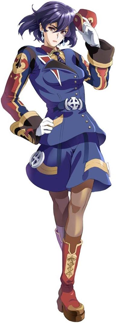 ahoge, belt, blue_hair, boots, brown_eyes, earrings, enil_aidem, frown