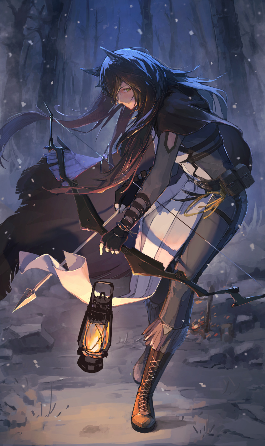 1girl, absurdres, animal_ears, arknights, belt, black_cape, black_gloves, black_hair