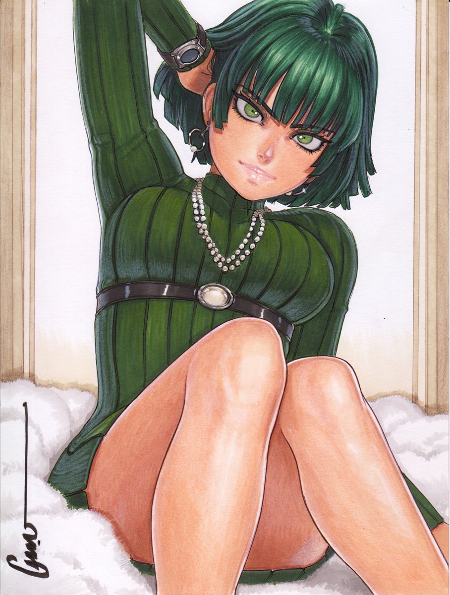 1girl, adjusting_hair, arm_at_side, arm_behind_head, arm_up, artist_name, bead_necklace, beads