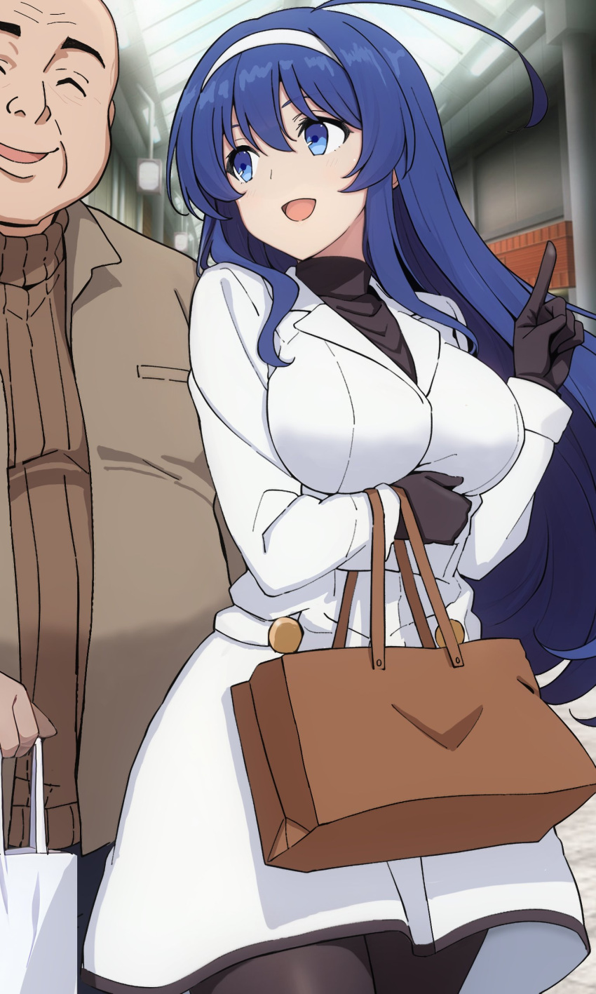 1boy, 1girl, absurdres, ahoge, alternate_costume, bag, bald, ballardiae1007, blue_eyes, blue_hair, breasts, closed_eyes, commentary_request, dress, hairband, handbag, highres, huge_ahoge, large_breasts, long_hair, open_mouth, orie_ballardiae_harada, shopping, uncle_and_niece, under_night_in-birth, very_long_hair, white_hairband
