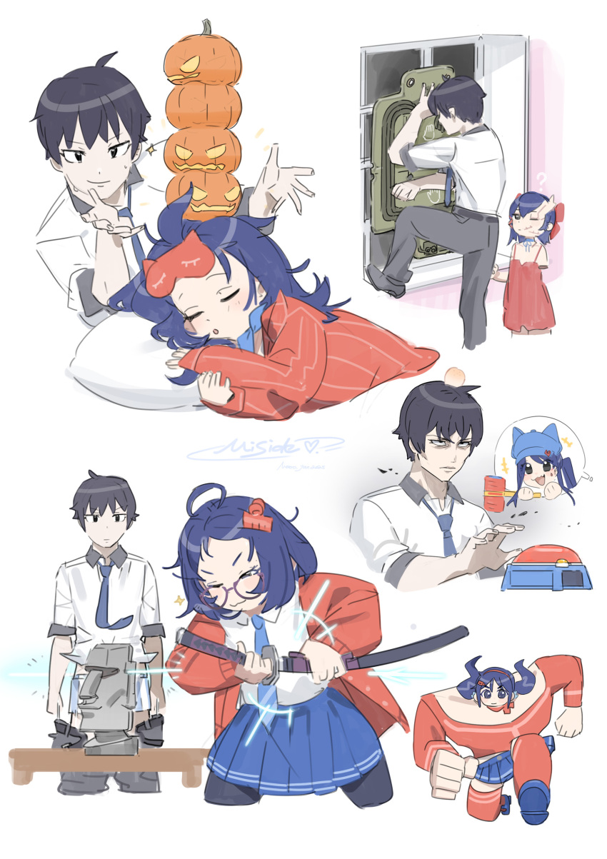 1boy, 5girls, ?, absurdres, ahoge, amputee, animal_ear_headwear, blue_choker