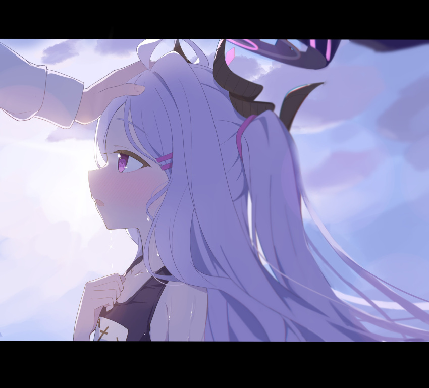 1boy, 1girl, absurdres, ahoge, black_halo, blue_archive, blush, clouds
