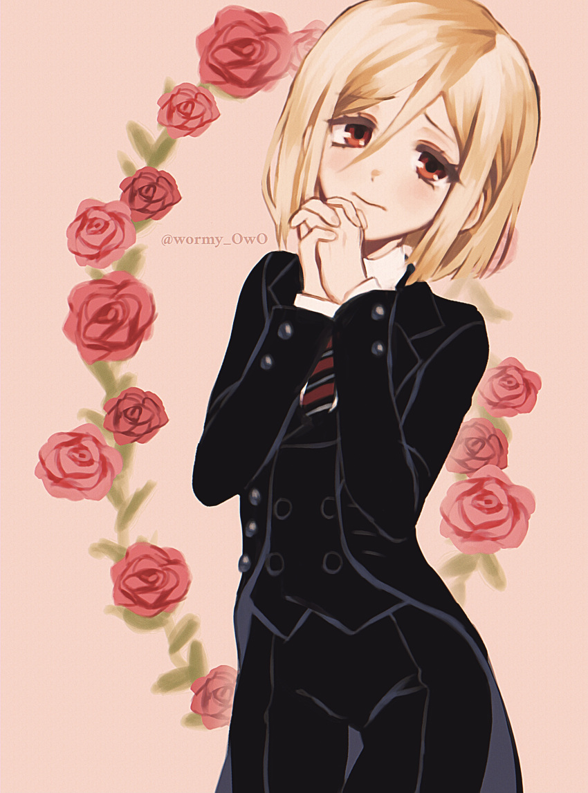 1boy, absurdres, bishounen, black_jacket, black_pants, black_vest, blazer, blonde_hair, buttons, closed_mouth, collared_shirt, cowboy_shot, double-breasted, flower, frown, hair_between_eyes, highres, jacket, joanne_harcourt, kuroshitsuji, lapels, long_sleeves, looking_at_viewer, male_focus, necktie, notched_lapels, own_hands_together, pants, red_background, red_eyes, red_flower, red_necktie, red_rose, rose, school_uniform, shirt, short_hair, solo, standing, twitter_username, vest, white_shirt, wormy_owo