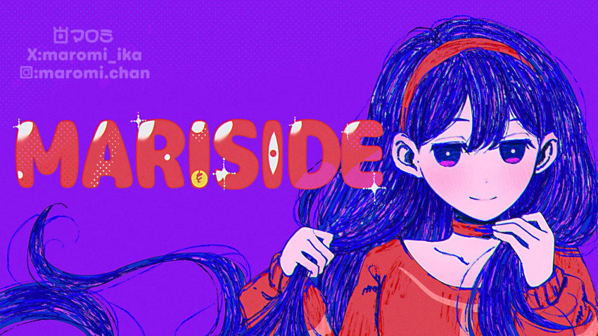 1girl, alternate_costume, artist_name, blush, bright_pupils, closed_mouth, collarbone, hairband