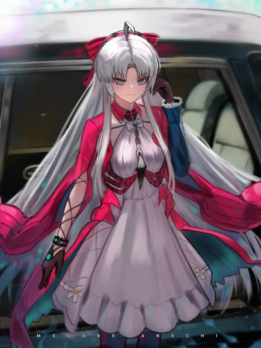 1girl, aqua_eyes, artist_name, black_gloves, bow, breasts, car, carlotta_(wuthering_waves), closed_mouth, commentary, cowboy_shot, dress, english_commentary, gloves, hair_bow, hand_up, highres, jacket, long_hair, looking_at_viewer, meganesanechi, motor_vehicle, pink_bow, pink_jacket, small_breasts, smile, solo, very_long_hair, white_dress, white_hair, wuthering_waves