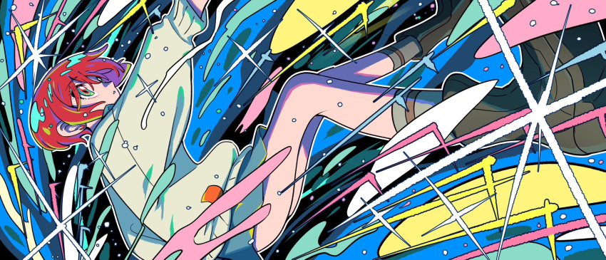 1girl, amate_yuzuriha, aqua_eyes, aqua_shirt, aqua_skirt, boots, colorful_background, falling