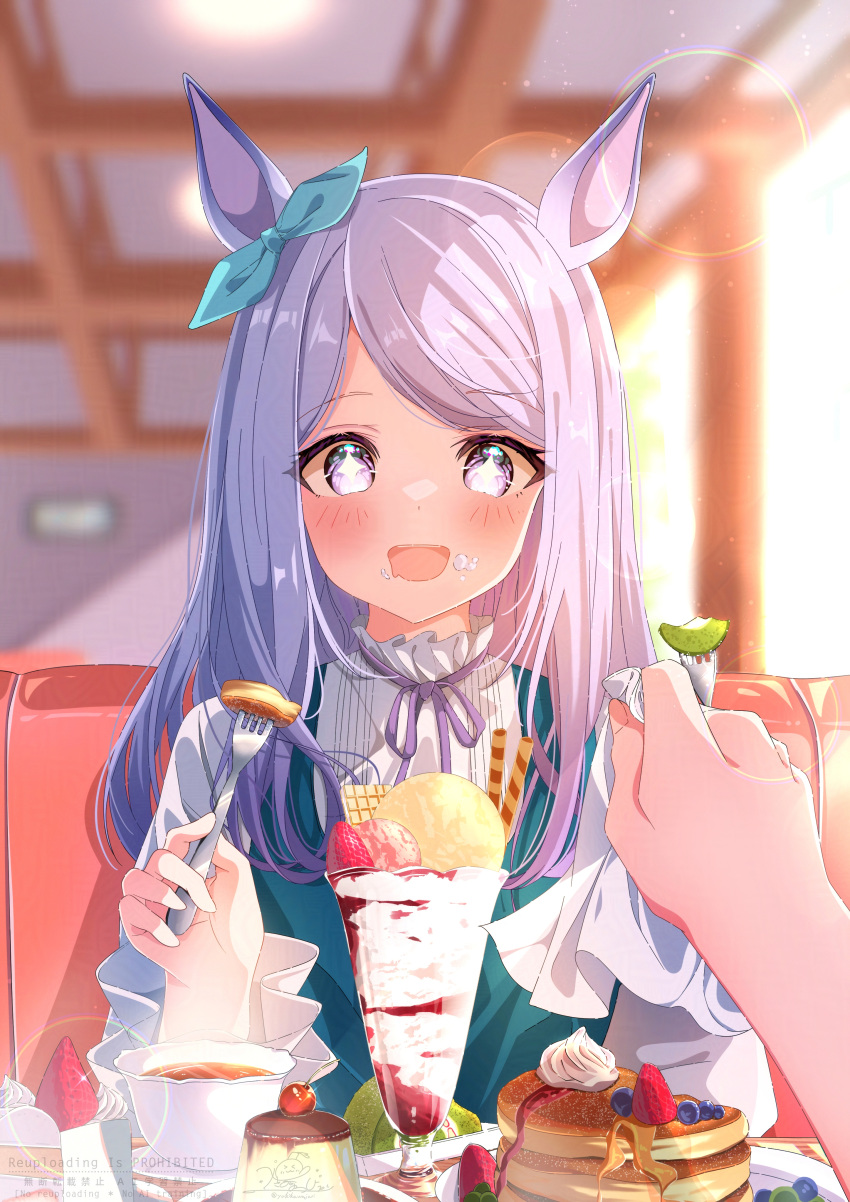 +_+, 1girl, absurdres, animal_ears, blush, breasts, cake, casual, commentary_request, eating, food, fork, hair_between_eyes, hair_ornament, highres, horse_ears, horse_girl, juri-arima, looking_at_viewer, mejiro_mcqueen_(umamusume), paku_paku_desuwa, pancake, parfait, pov, pov_hands, solo, tea, umamusume
