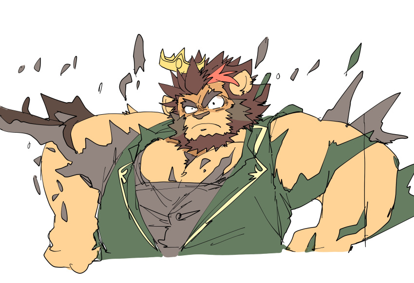 1boy, absurdres, animal_ears, black_shirt, closed_mouth, coat, commentary_request, crave_saga, crown, ellie_saionji, furry, furry_male, green_coat, highres, karaha_(crave_saga), lion_boy, lion_ears, lion_mane, male_focus, multicolored_hair, muscular, muscular_male, shirt, streaked_hair, torn_clothes, white_background