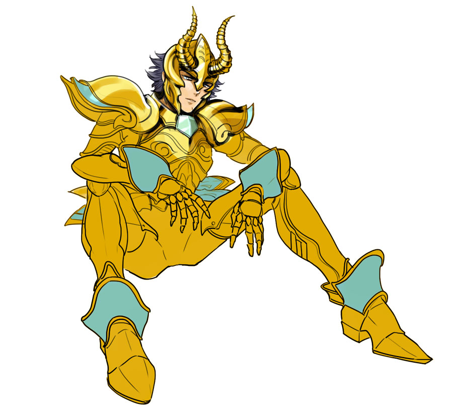 1boy, armor, black_hair, capricorn_shura, chest_jewel, fake_horns, full_armor, full_body, gold_armor, gold_cloth, gold_saint, helmet, horned_helmet, horns, knees_up, looking_at_viewer, male_focus, mantles, saint_seiya, saint_seiya:_legend_of_sanctuary, short_hair, sitting, solo