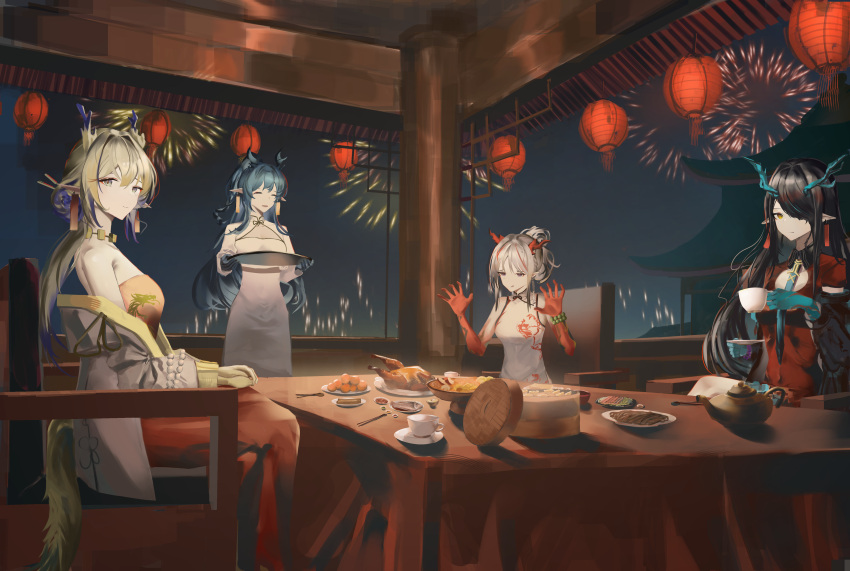 4girls, absurdres, alternate_costume, arknights, bare_shoulders, black_hair, black_jacket, blue_eyes