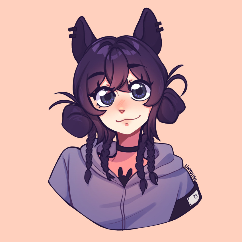 1girl, :3, animal_ears, artist_name, black_choker, black_hair, blush, brown_background