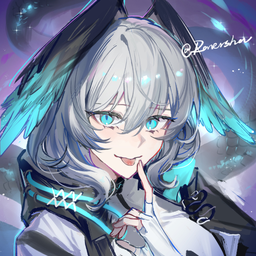 1girl, :p, aqua_eyes, arknights, black_coat, breasts, closed_mouth, coat, dress, feathered_wings, finger_to_mouth, fingerless_gloves, gloves, grey_hair, hair_between_eyes, head_wings, ho'olheyak_(arknights), infection_monitor_(arknights), long_tail, looking_at_viewer, medium_hair, open_clothes, open_coat, portrait, ranersha1, smile, snake_tail, solo, tail, tongue, tongue_out, white_dress, white_gloves, wings