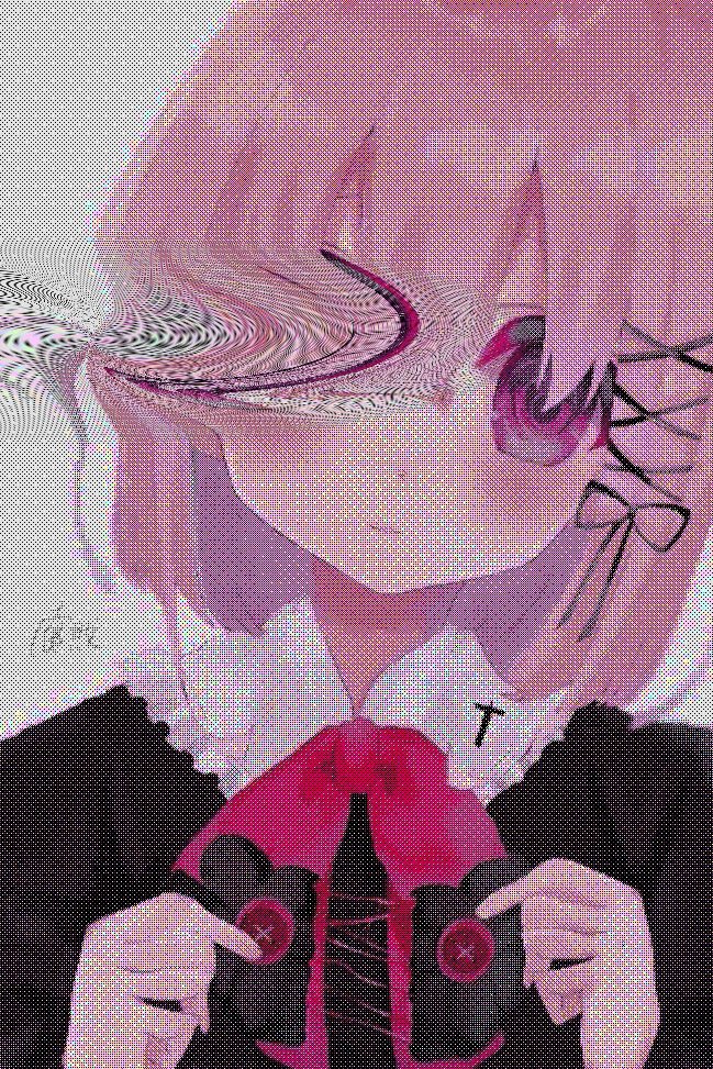 1girl, adjusting_bowtie, bad_id, bad_twitter_id, black_shirt, blush, bow, bowtie