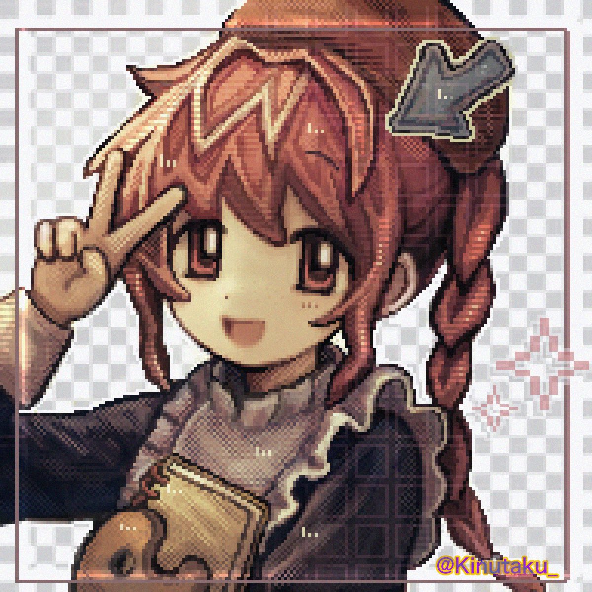 1girl, :d, arrow_(symbol), artist_name, beret, braid, brown_hat, checkered_background