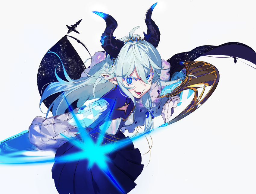 +_+, 1girl, absurdres, blue_eyes, duel_disk, gloves, grey_hair, hair_between_eyes