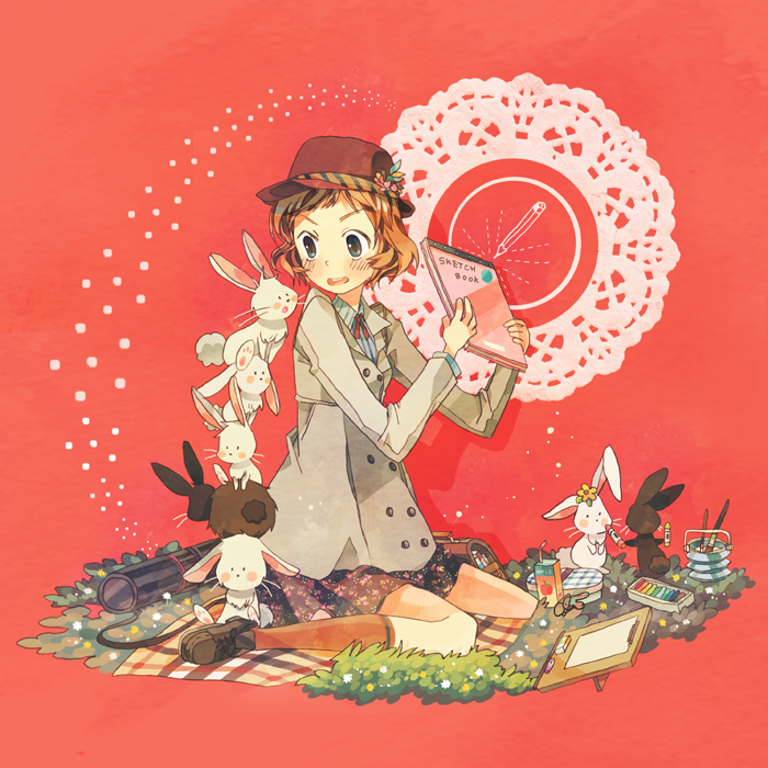 binch, blonde_hair, blush, bunny, drink, grass, hat, oekaki_musume