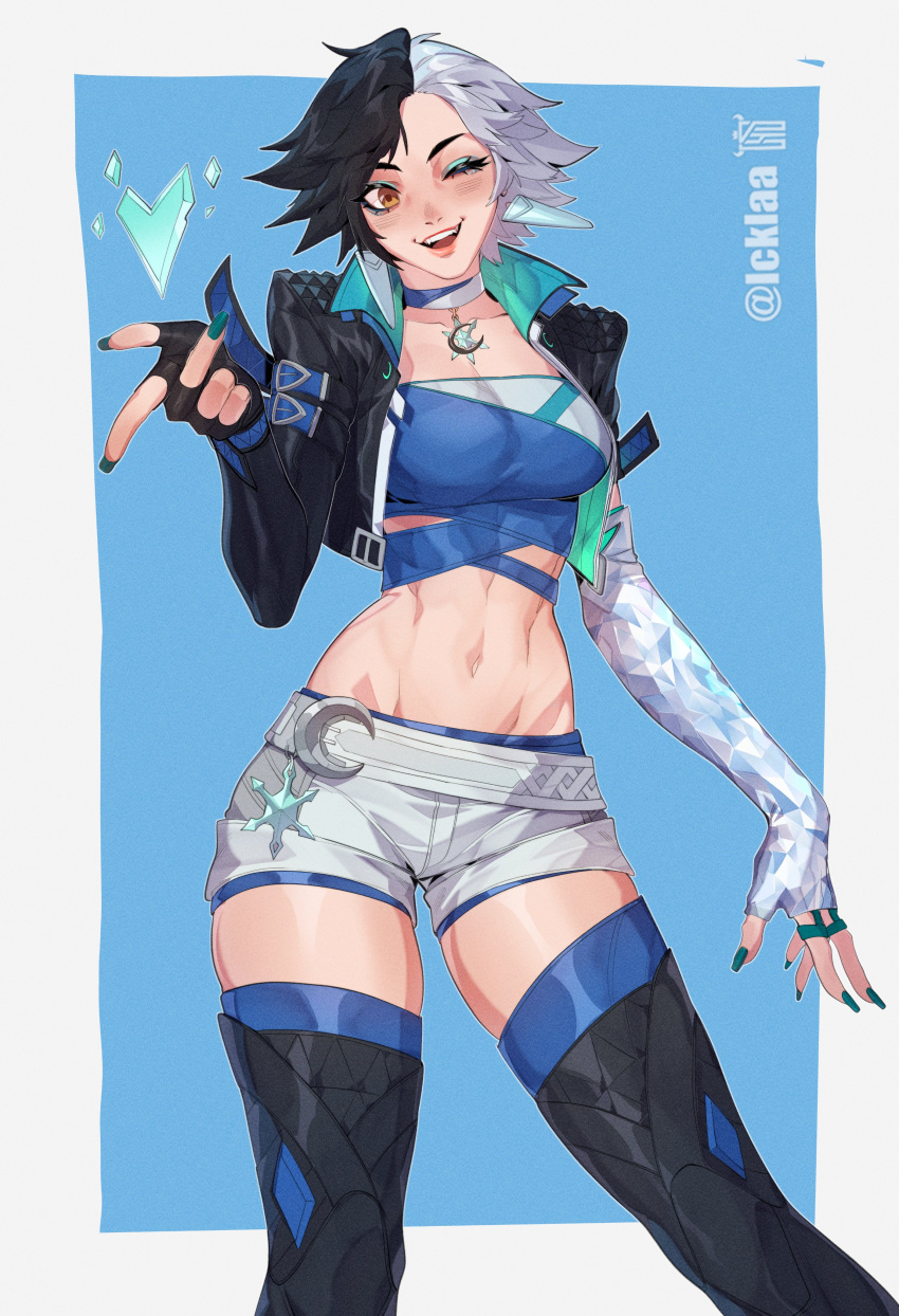 1girl, absurdres, black_hair, black_jacket, blue_eyes, breasts, choker, crescent, crop_top, fingerless_gloves, gloves, highres, icklaa, jacket, looking_at_viewer, luna_snow, marvel, marvel_rivals, midriff, multicolored_hair, navel, one_eye_closed, open_mouth, short_hair, shorts, smile, solo, split-color_hair, two-tone_hair, white_hair