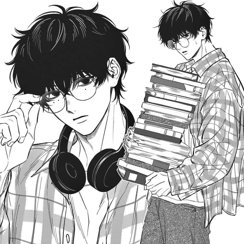 1boy, adjusting_eyewear, book, book_stack, closed_mouth, commentary, expressionless, fingernails