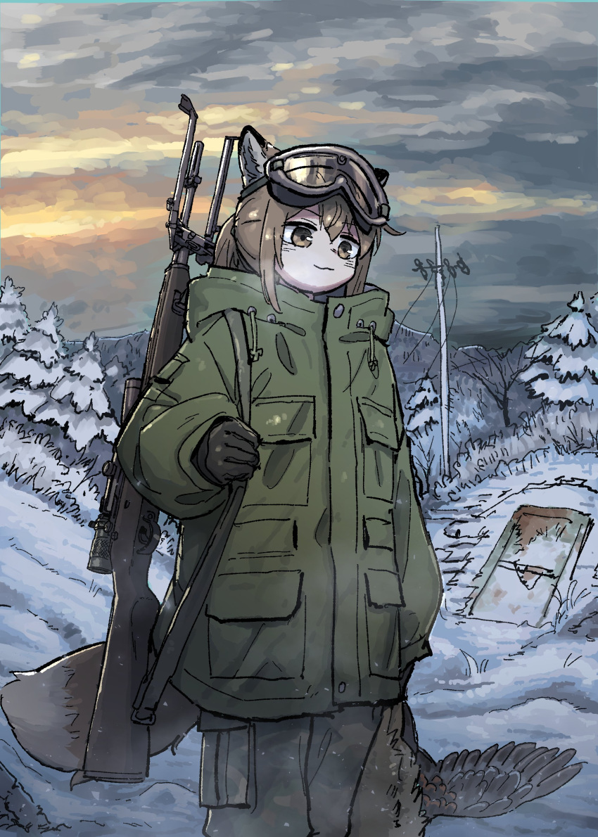 1girl, absurdres, animal_ears, battle_rifle, bird, black_gloves, brown_eyes, brown_hair