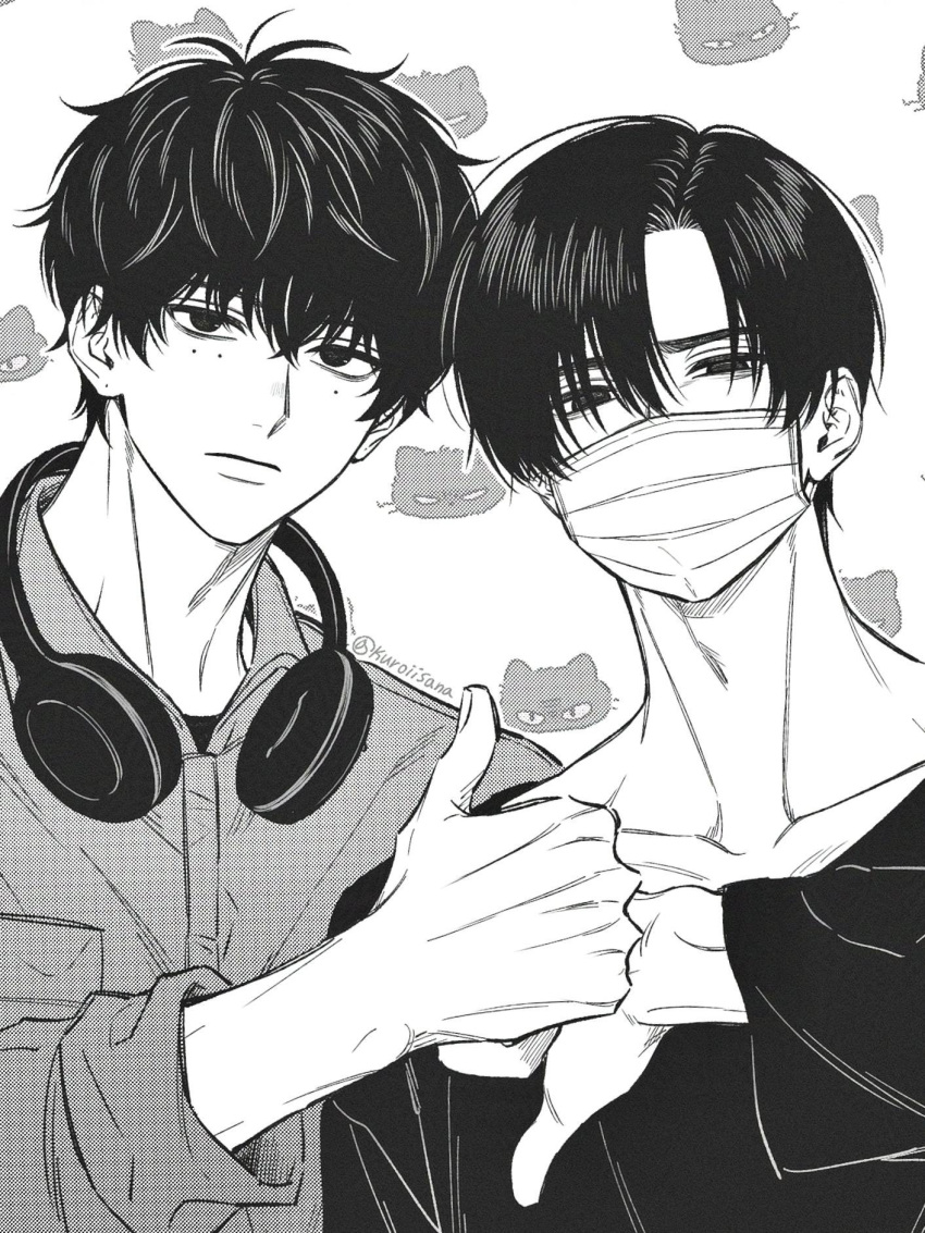 2boys, adam's_apple, artist_name, brothers, closed_mouth, collarbone, collared_shirt, covered_mouth