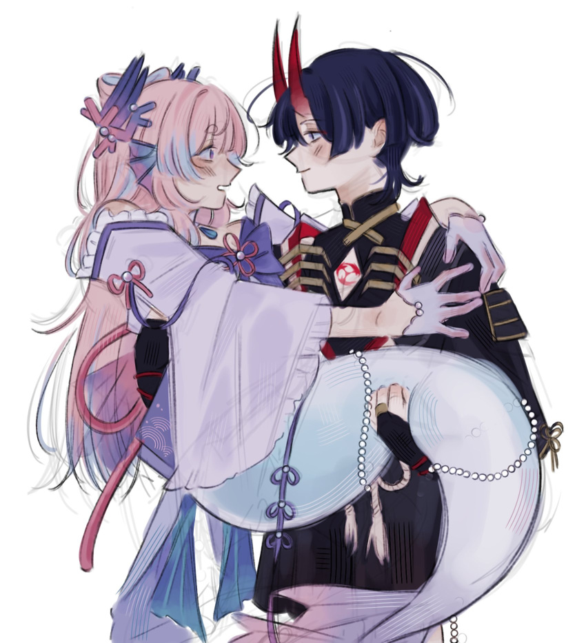 1boy, 1girl, alternate_costume, alternate_species, armor, beads, black_bodysuit, black_bridal_gauntlets