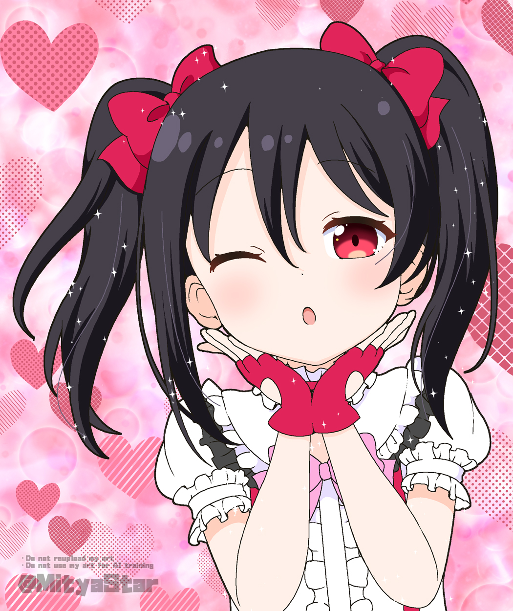 1girl, ;o, black_hair, bow, center_frills, clothing_cutout, collared_shirt, commentary_request