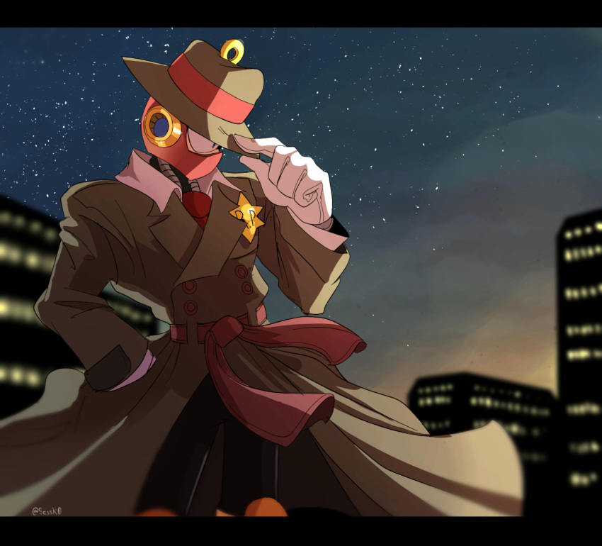 1boy, alternate_costume, belt, belted_coat, brown_coat, brown_hat, building, coat