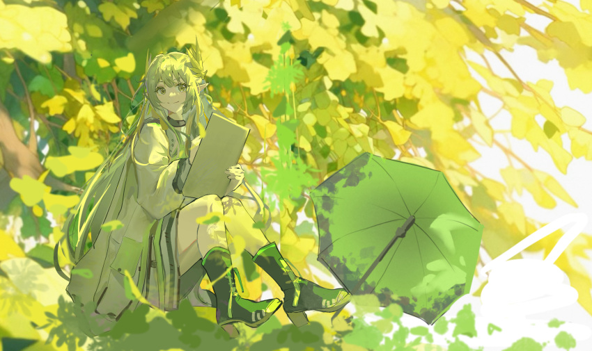1girl, absurdres, arknights, black_collar, blurry, blurry_foreground, boots, chinese_commentary