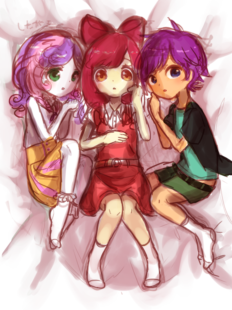3girls, apple_bloom, apple_bloom_(equestria_girls), bed, bow, commentary_request, green_eyes, green_shorts