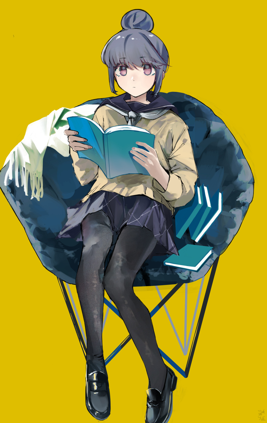 1girl, absurdres, artist_name, black_footwear, black_hair, black_pantyhose, black_skirt, book, butterfly_chair, cardigan, closed_mouth, expressionless, full_body, grey_neckerchief, hair_bun, highres, holding, holding_book, loafers, long_sleeves, looking_at_viewer, maegami_(daisuki_oekaki1), neckerchief, on_chair, open_book, pantyhose, shima_rin, shoes, sidelocks, single_hair_bun, sitting, skirt, solo, violet_eyes, yellow_background, yellow_cardigan, yurucamp