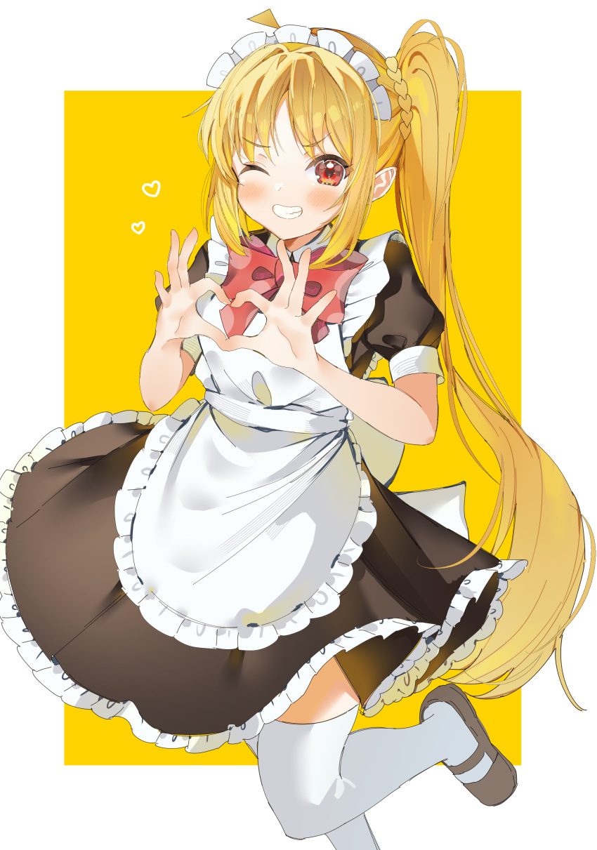 1girl, absurdres, ahoge, apron, back_bow, black_dress, black_footwear, blonde_hair