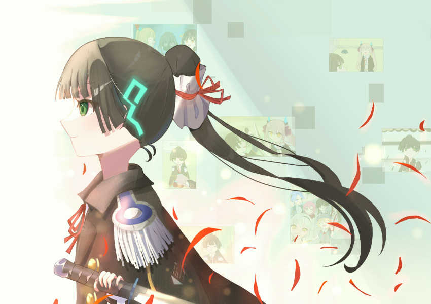 1girl, absurdres, black_hair, blunt_bangs, epaulettes, from_side, green_eyes, hanamura_shiki