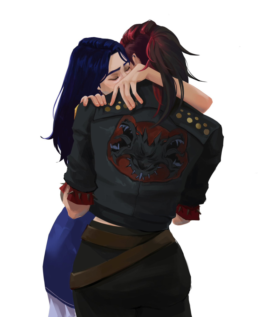 2girls, arcane:_league_of_legends, arcane_caitlyn, arcane_vi, arm_around_neck, belt, black_jacket, black_pants