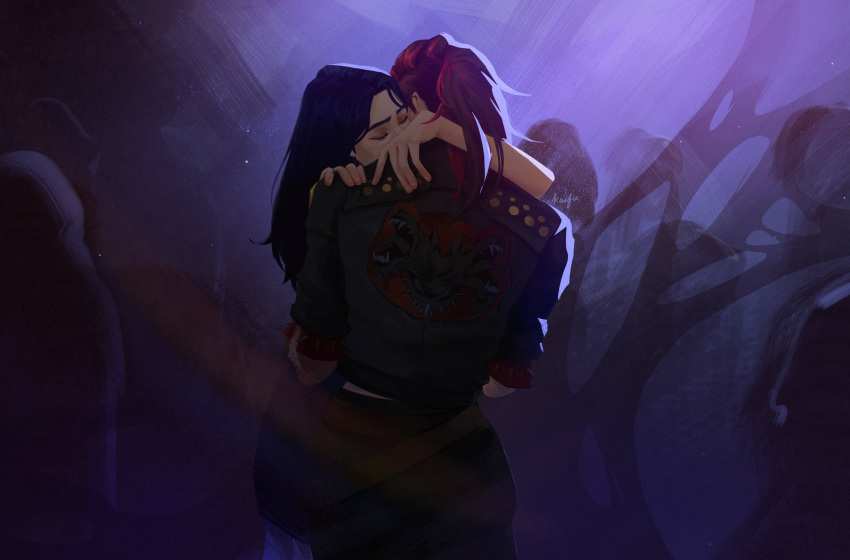 2girls, arcane:_league_of_legends, arcane_caitlyn, arcane_vi, arm_around_neck, artist_name, belt, black_jacket