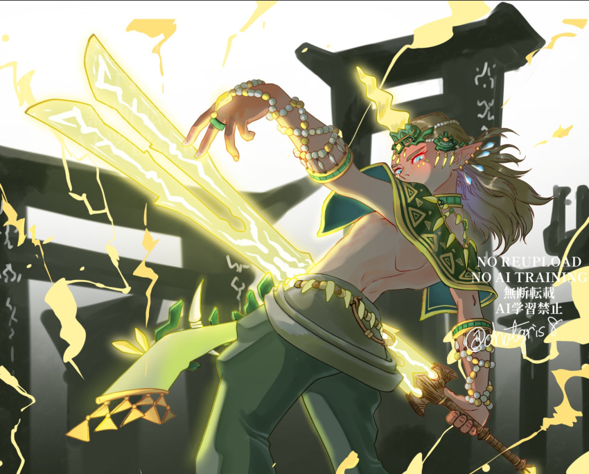 1boy, bare_back, blue_eyes, capelet, charged_set_(zelda), chatgris8, commentary, earrings