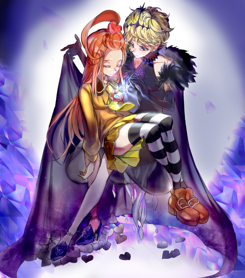 2girls, black_dress, blonde_hair, chocolat_meilleure, closed_eyes, commentary, crown, dress